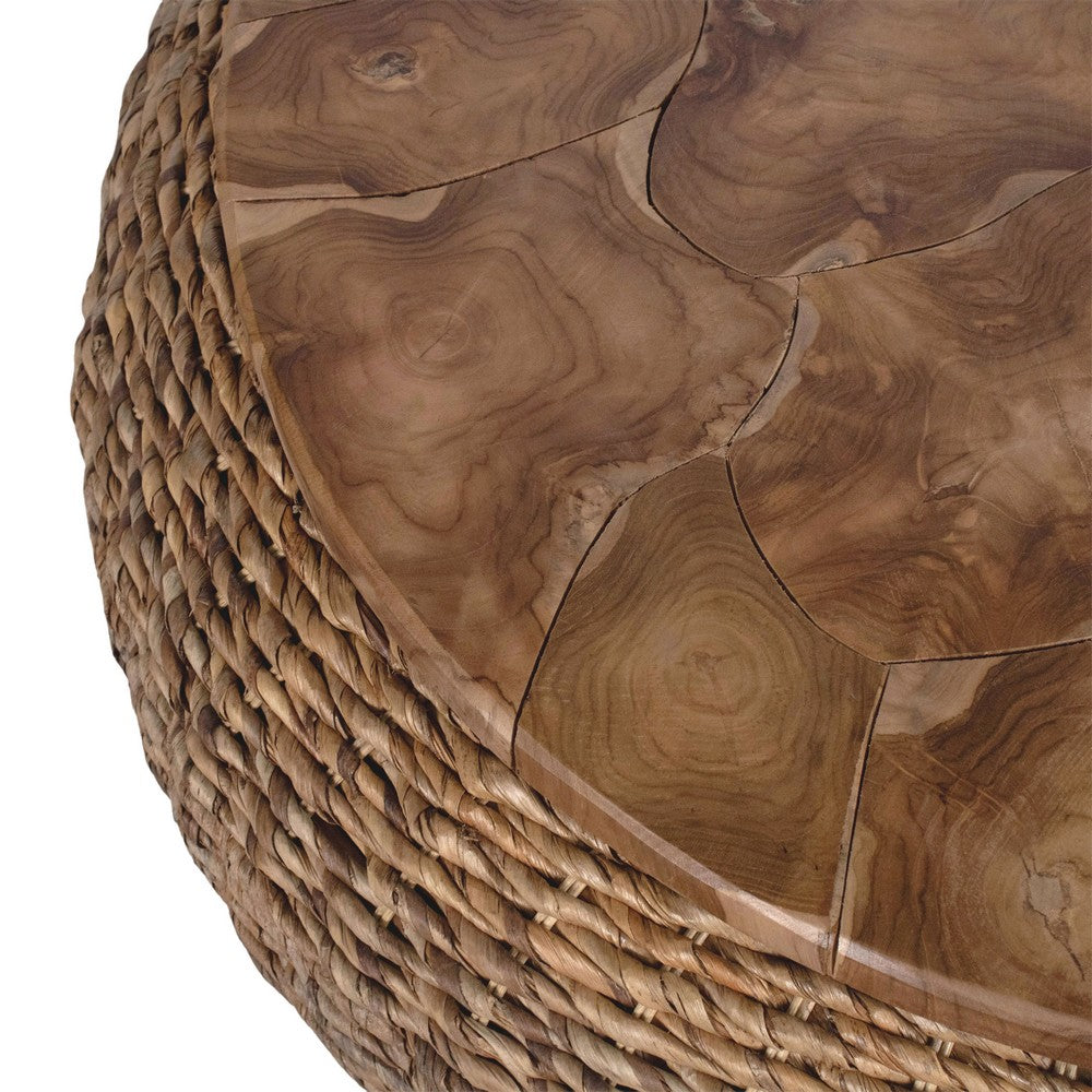Jyra 47 " Round Coffee Table | Teak Wood Mosaic Top | Woven Banana Leaf Base | Natural Brown By The Urban Port