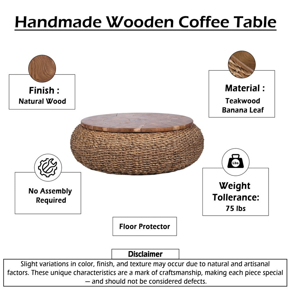 Jyra 47 " Round Coffee Table | Teak Wood Mosaic Top | Woven Banana Leaf Base | Natural Brown By The Urban Port