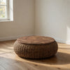 Jyra 47 " Round Coffee Table | Teak Wood Mosaic Top | Woven Banana Leaf Base | Natural Brown By The Urban Port