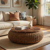 Jyra 47 " Round Coffee Table | Teak Wood Mosaic Top | Woven Banana Leaf Base | Natural Brown By The Urban Port