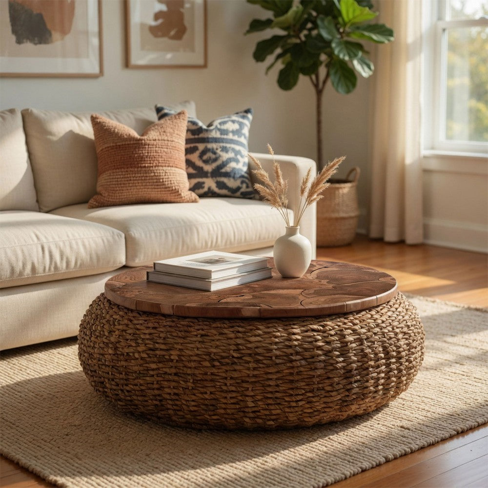 Jyra 47 " Round Coffee Table | Teak Wood Mosaic Top | Woven Banana Leaf Base | Natural Brown By The Urban Port