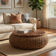Jyra 47 " Round Coffee Table | Teak Wood Mosaic Top | Woven Banana Leaf Base | Natural Brown By The Urban Port
