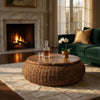 Jyra 47 " Round Coffee Table | Teak Wood Mosaic Top | Woven Banana Leaf Base | Natural Brown By The Urban Port