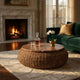 Jyra 47 " Round Coffee Table | Teak Wood Mosaic Top | Woven Banana Leaf Base | Natural Brown By The Urban Port