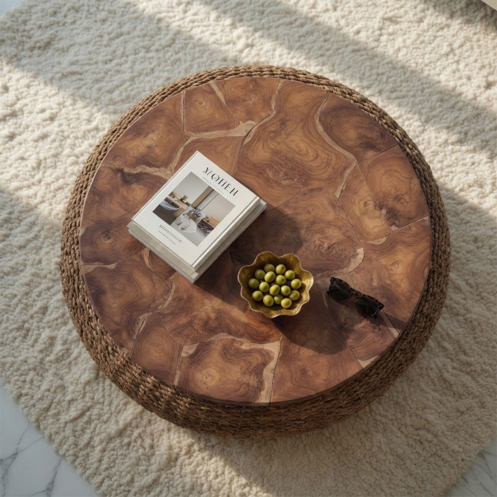 Jyra 47 " Round Coffee Table | Teak Wood Mosaic Top | Woven Banana Leaf Base | Natural Brown By The Urban Port
