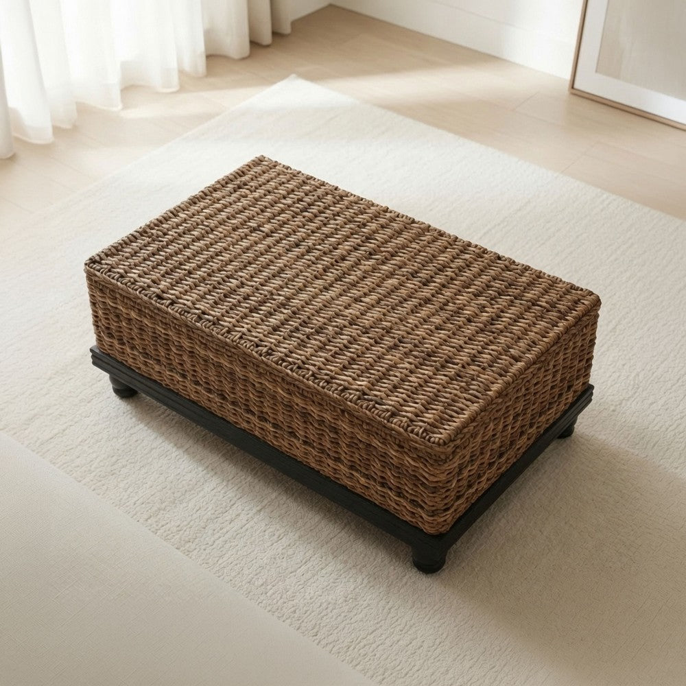 Jinu 48 " Coffee Table with Natural Brown Woven Banana Leaf Top | Black Acacia Wood Base | Organic Decor By The Urban Port