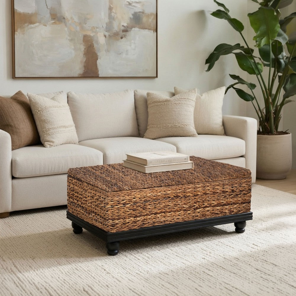 Jinu 48 " Coffee Table with Natural Brown Woven Banana Leaf Top | Black Acacia Wood Base | Organic Decor By The Urban Port