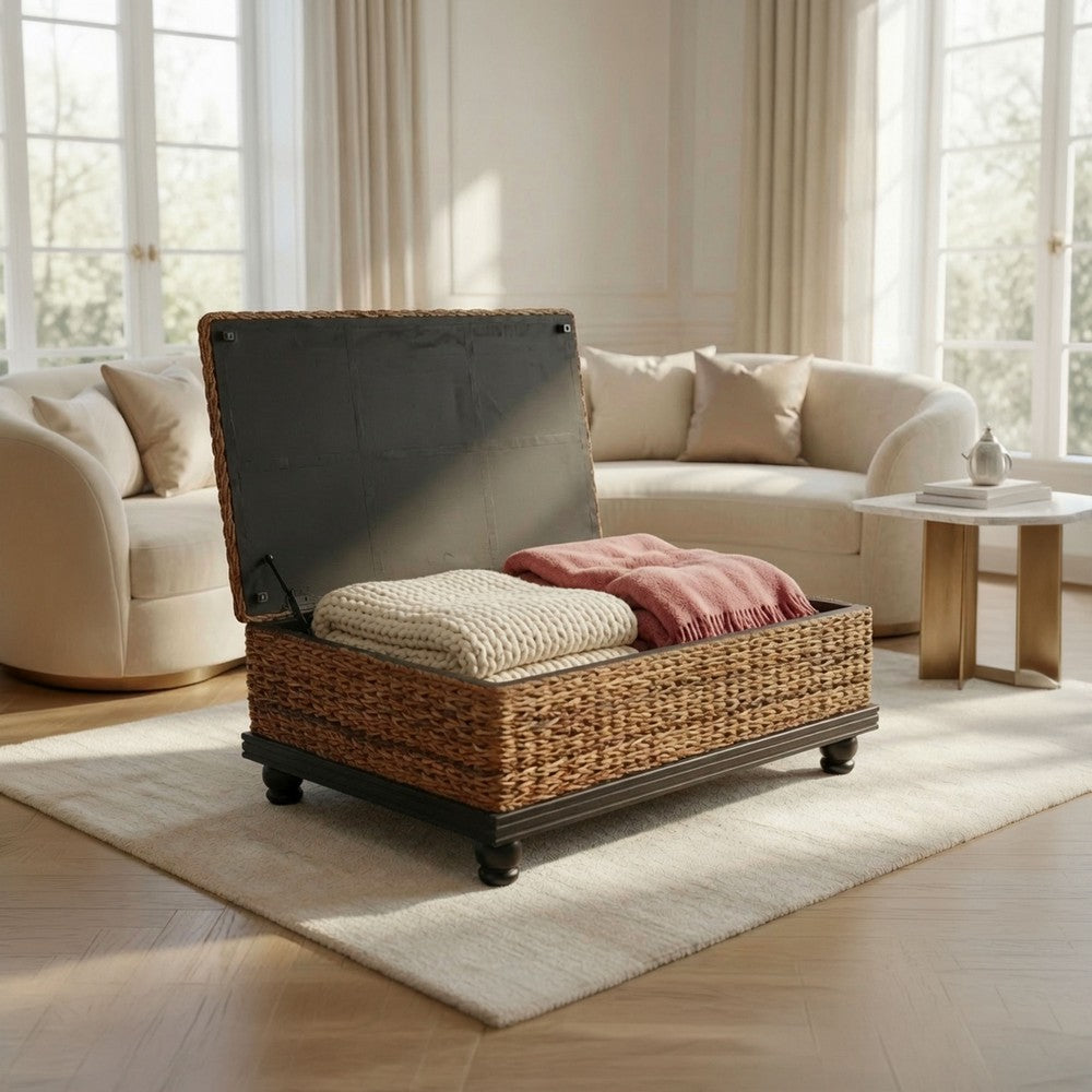 Jinu 48 " Coffee Table with Natural Brown Woven Banana Leaf Top | Black Acacia Wood Base | Organic Decor By The Urban Port