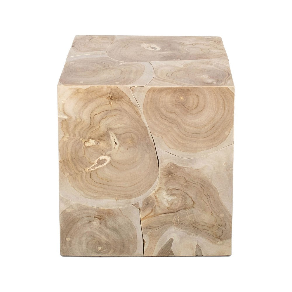 Sira Mosaic Side End Table | H& Oiled Natural Brown Finish | 20 " Solid Teak Wood Slice Cube By The Urban Port