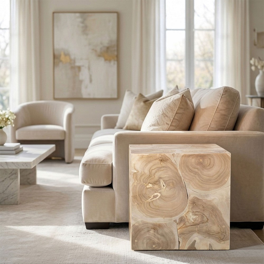 Sira Mosaic Side End Table | H& Oiled Natural Brown Finish | 20 " Solid Teak Wood Slice Cube By The Urban Port