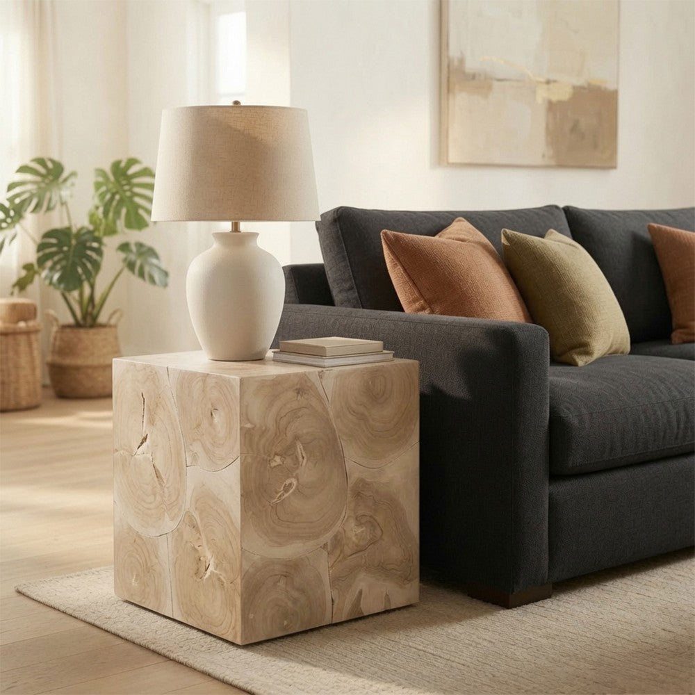 Sira Mosaic Side End Table | H& Oiled Natural Brown Finish | 20 " Solid Teak Wood Slice Cube By The Urban Port