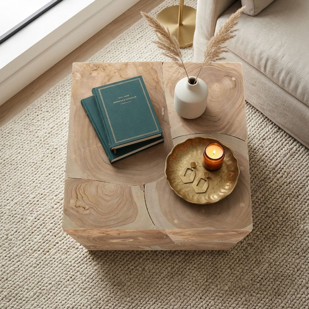 Sira Mosaic Side End Table | H& Oiled Natural Brown Finish | 20 " Solid Teak Wood Slice Cube By The Urban Port