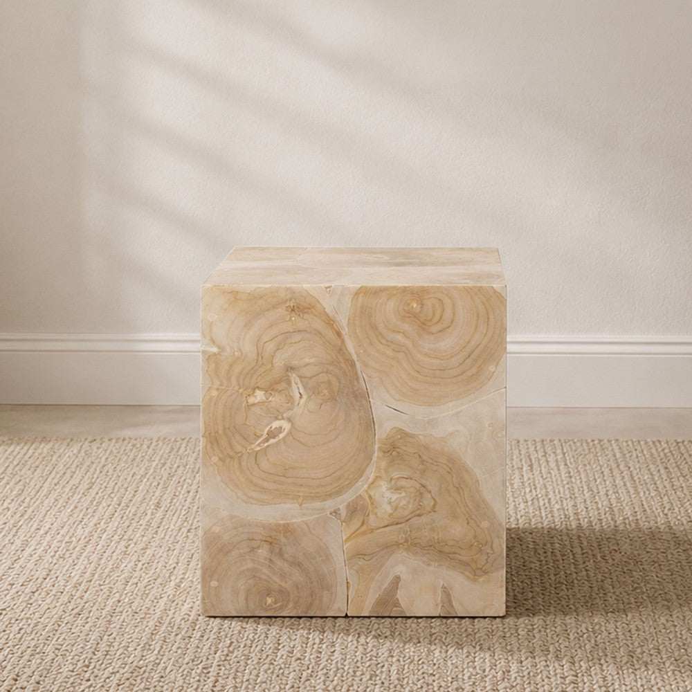 Sira Mosaic Side End Table | H& Oiled Natural Brown Finish | 20 " Solid Teak Wood Slice Cube By The Urban Port