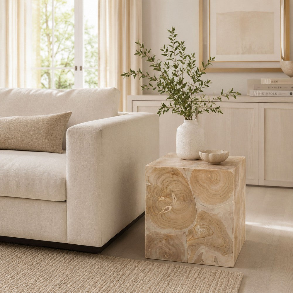 Sira Mosaic Side End Table | H& Oiled Natural Brown Finish | 20 " Solid Teak Wood Slice Cube By The Urban Port