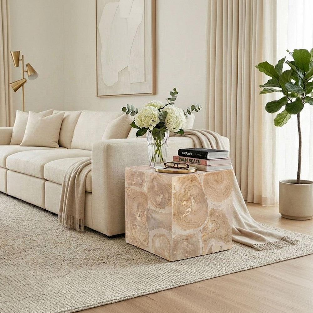 Sira Mosaic Side End Table | H& Oiled Natural Brown Finish | 20 " Solid Teak Wood Slice Cube By The Urban Port