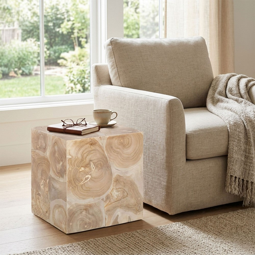 Sira Mosaic Side End Table | H& Oiled Natural Brown Finish | 20 " Solid Teak Wood Slice Cube By The Urban Port