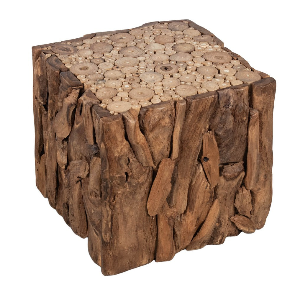 Zisa Teak Root Side End Table | Rustic Natural Brown Wood Bunching Cube | 17 " By The Urban Port