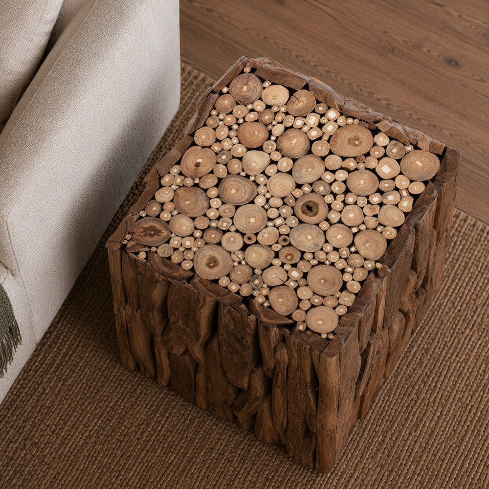 Zisa Teak Root Side End Table | Rustic Natural Brown Wood Bunching Cube | 17 " By The Urban Port