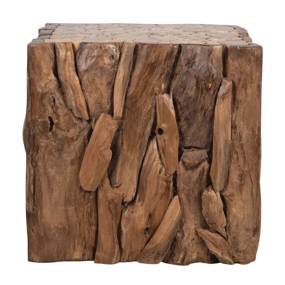 Zisa Teak Root Side End Table | Rustic Natural Brown Wood Bunching Cube | 17 " By The Urban Port