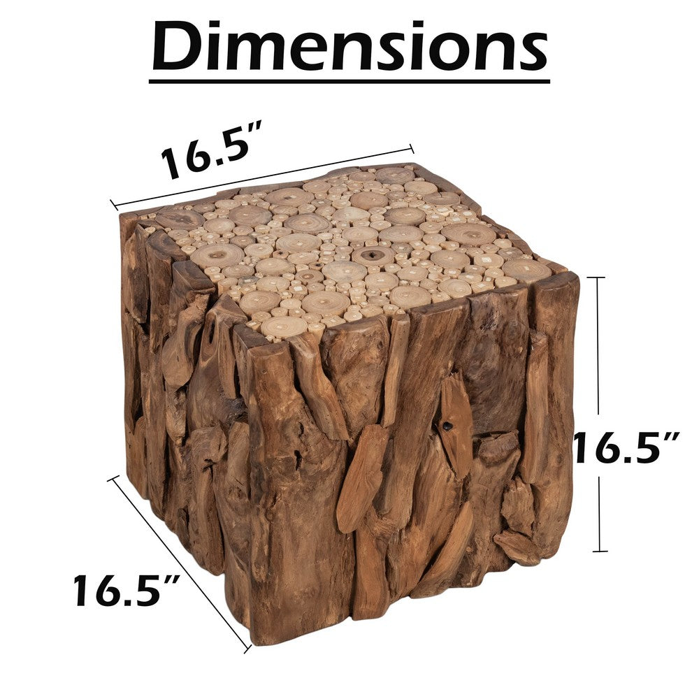 Zisa Teak Root Side End Table | Rustic Natural Brown Wood Bunching Cube | 17 " By The Urban Port