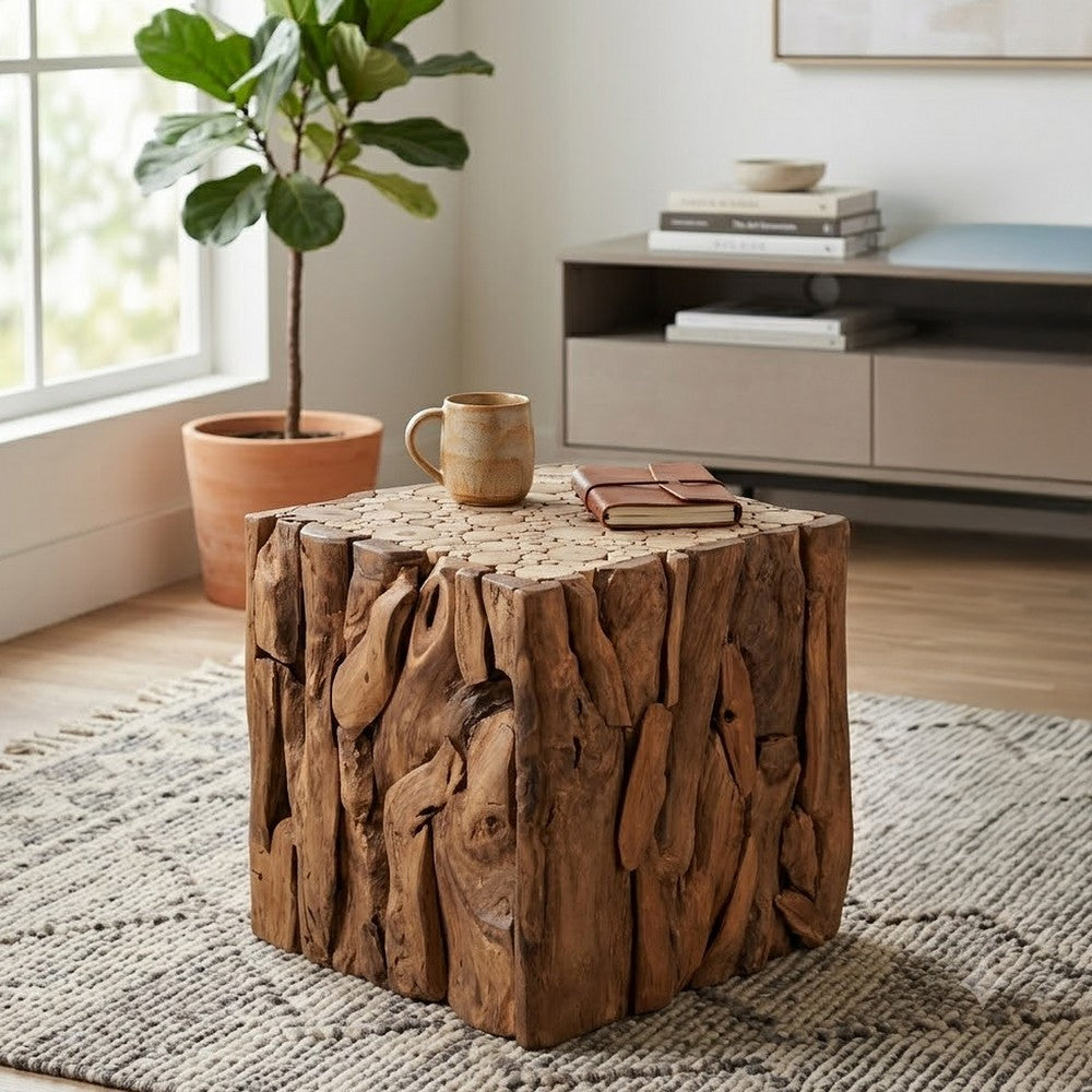 Zisa Teak Root Side End Table | Rustic Natural Brown Wood Bunching Cube | 17 " By The Urban Port