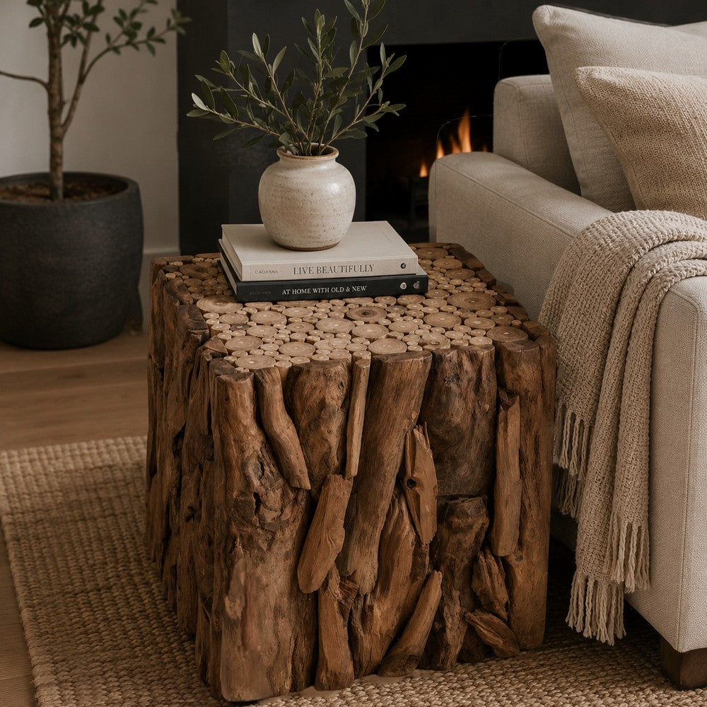 Zisa Teak Root Side End Table | Rustic Natural Brown Wood Bunching Cube | 17 " By The Urban Port