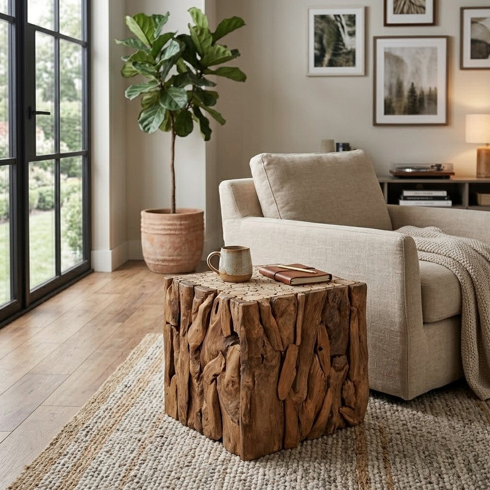 Zisa Teak Root Side End Table | Rustic Natural Brown Wood Bunching Cube | 17 " By The Urban Port