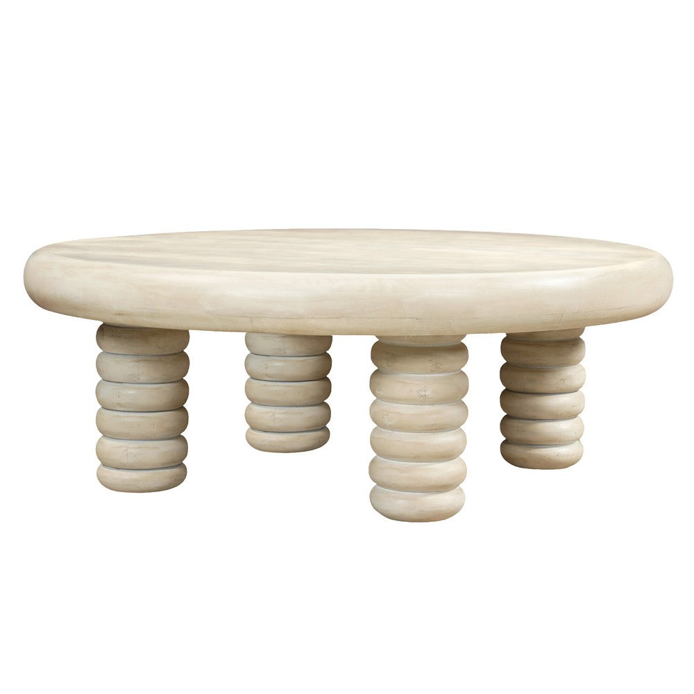 Jesina 44 " Round Coffee Table | Antique White Mango Wood | Stacked Beaded Legs By The Urban Port