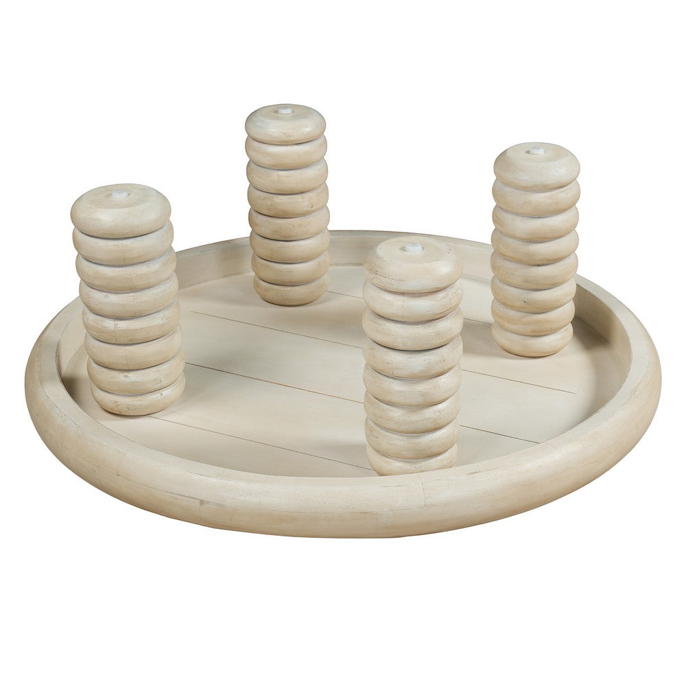 Jesina 44 " Round Coffee Table | Antique White Mango Wood | Stacked Beaded Legs By The Urban Port