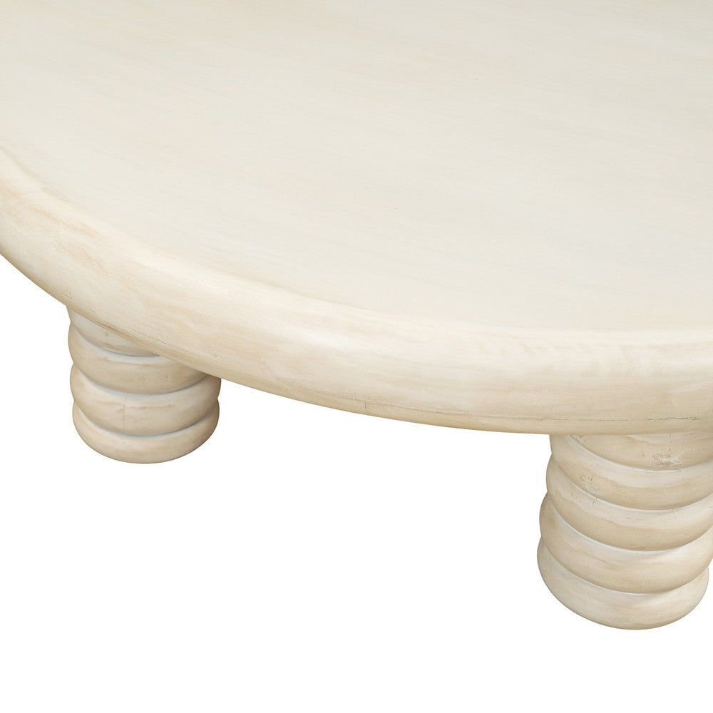 Jesina 44 " Round Coffee Table | Antique White Mango Wood | Stacked Beaded Legs By The Urban Port