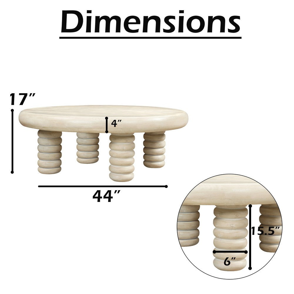 Jesina 44 " Round Coffee Table | Antique White Mango Wood | Stacked Beaded Legs By The Urban Port