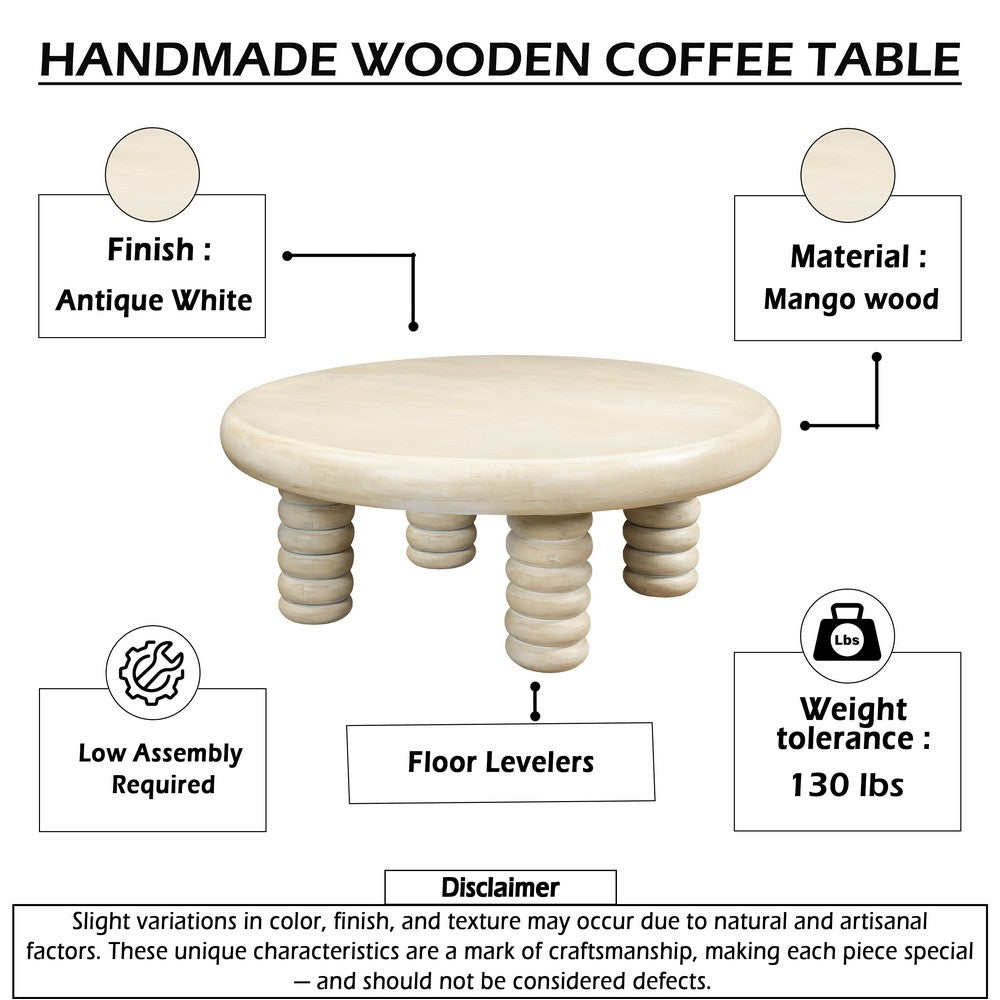 Jesina 44 " Round Coffee Table | Antique White Mango Wood | Stacked Beaded Legs By The Urban Port