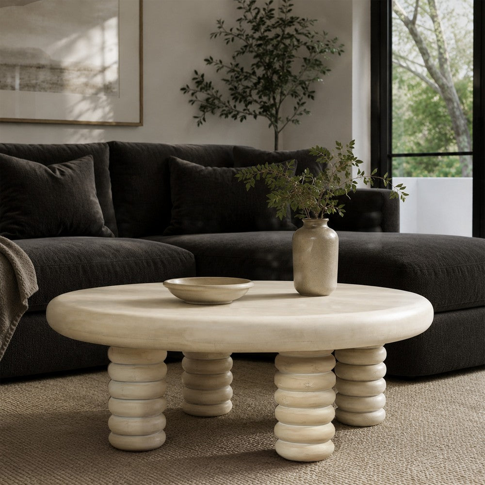 Jesina 44 " Round Coffee Table | Antique White Mango Wood | Stacked Beaded Legs By The Urban Port