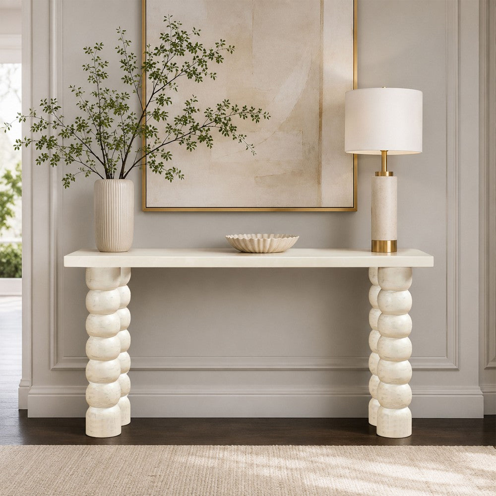 Jesina 69 " Sofa Console Table | Antique White Mango Wood | Stacked Beaded Legs By The Urban Port