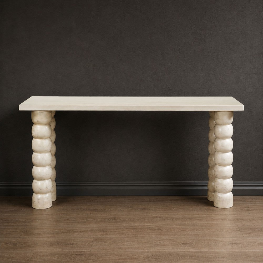 Jesina 69 " Sofa Console Table | Antique White Mango Wood | Stacked Beaded Legs By The Urban Port