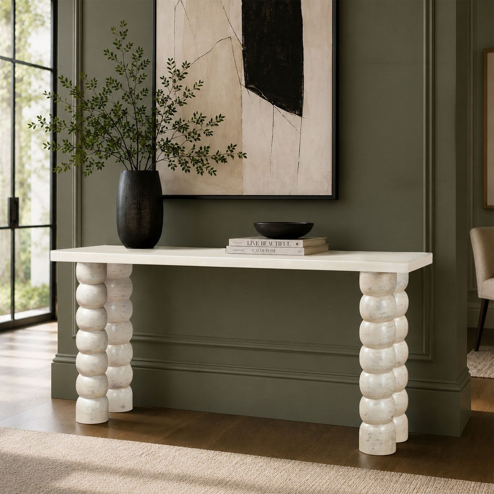 Jesina 69 " Sofa Console Table | Antique White Mango Wood | Stacked Beaded Legs By The Urban Port