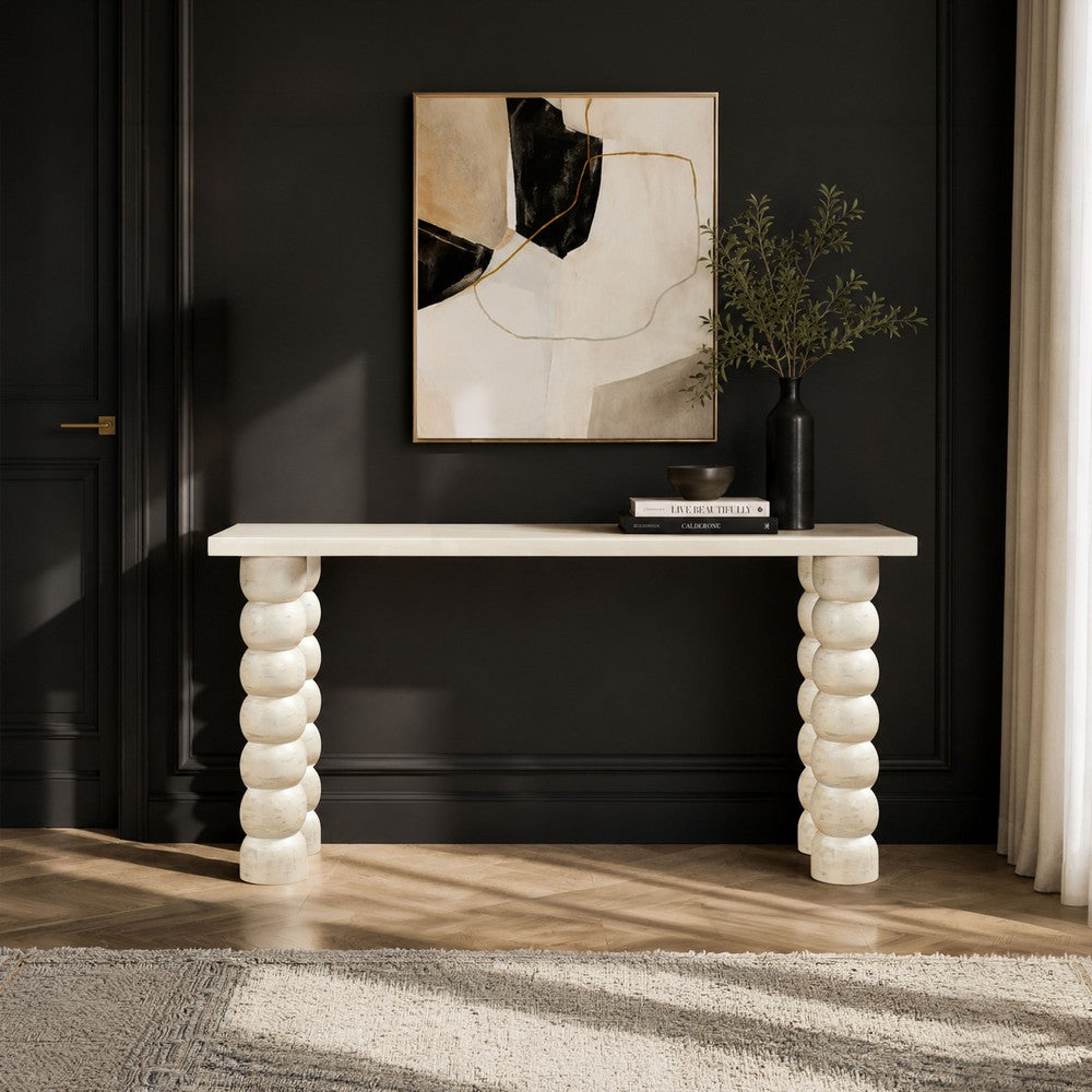 Jesina 69 " Sofa Console Table | Antique White Mango Wood | Stacked Beaded Legs By The Urban Port