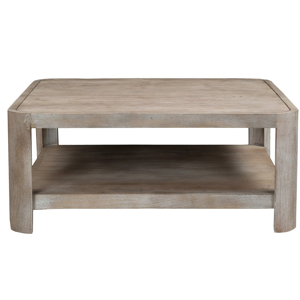 Resa 38" Square Coffee Table with Shelf | S&blasted Finish | Distressed Brown Mango Wood By The Urban Port