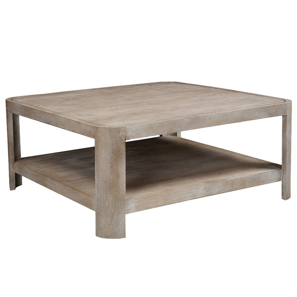Resa 38" Square Coffee Table with Shelf | S&blasted Finish | Distressed Brown Mango Wood By The Urban Port