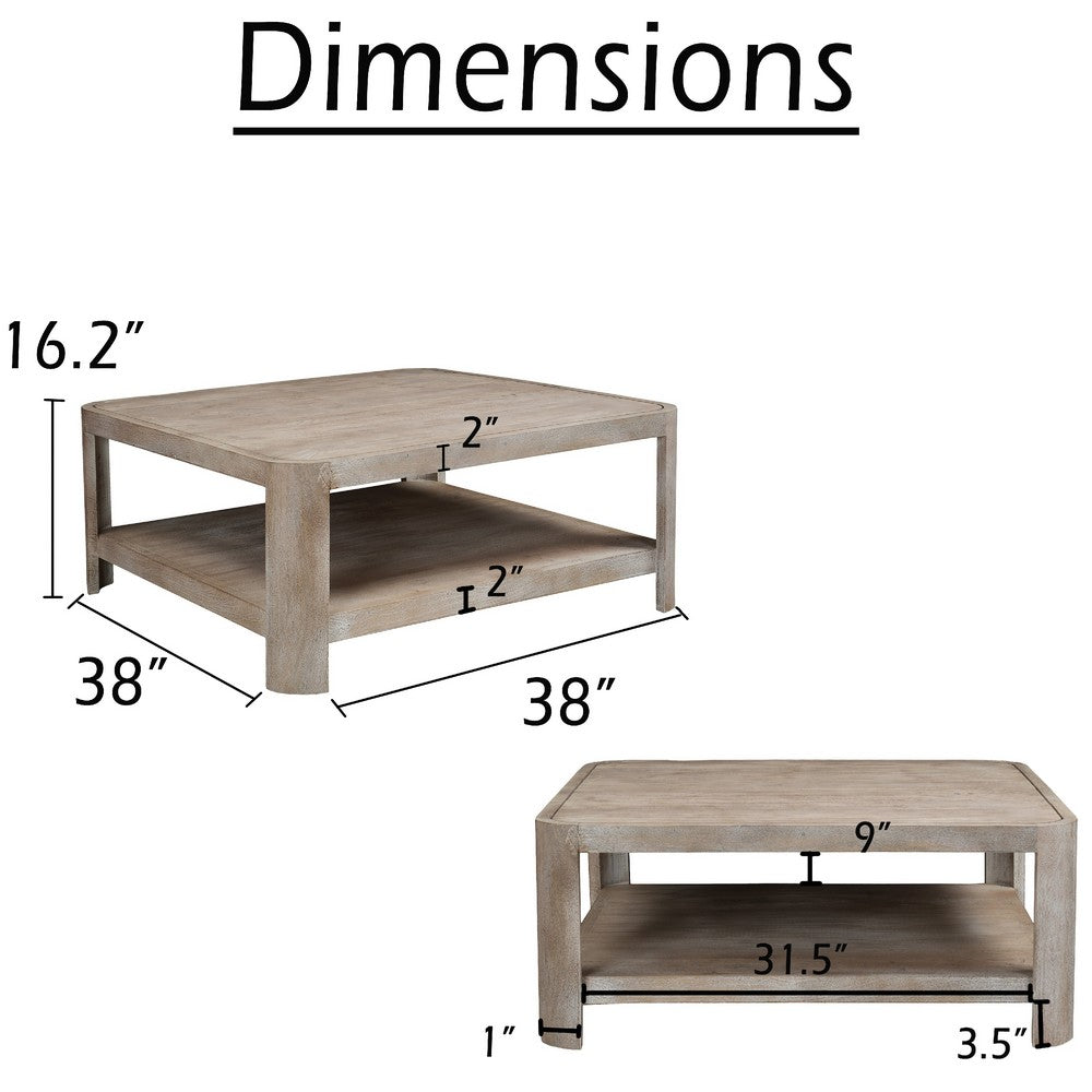 Resa 38" Square Coffee Table with Shelf | S&blasted Finish | Distressed Brown Mango Wood By The Urban Port