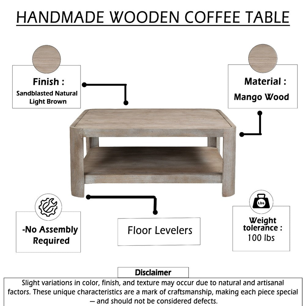 Resa 38" Square Coffee Table with Shelf | S&blasted Finish | Distressed Brown Mango Wood By The Urban Port
