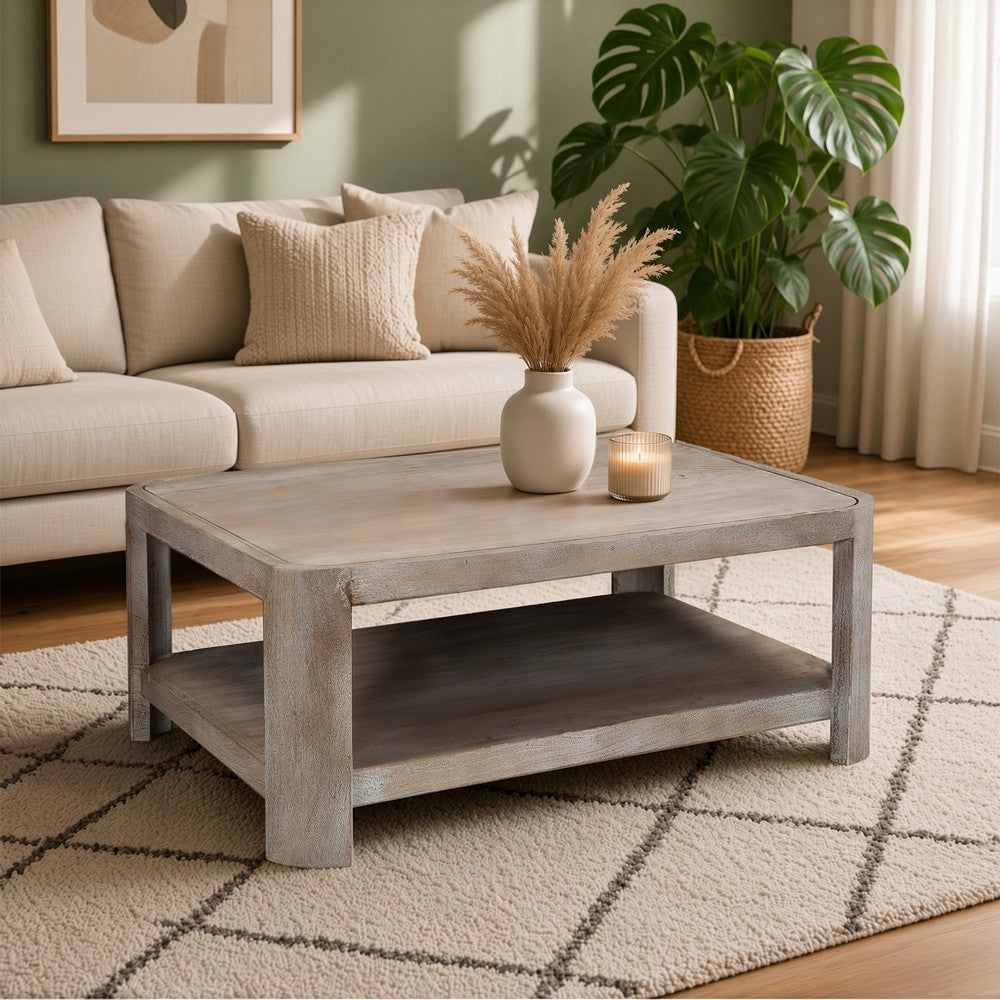 Resa 38" Square Coffee Table with Shelf | S&blasted Finish | Distressed Brown Mango Wood By The Urban Port
