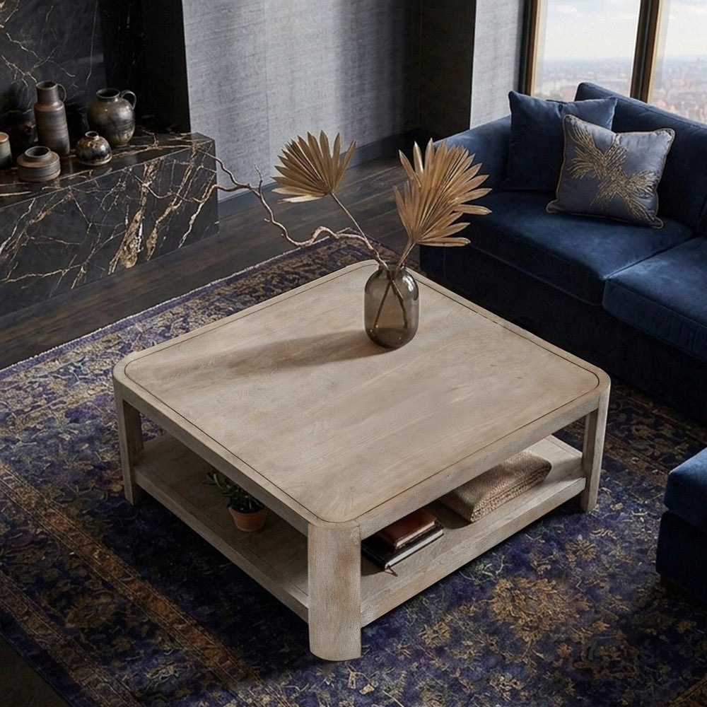 Resa 38" Square Coffee Table with Shelf | S&blasted Finish | Distressed Brown Mango Wood By The Urban Port