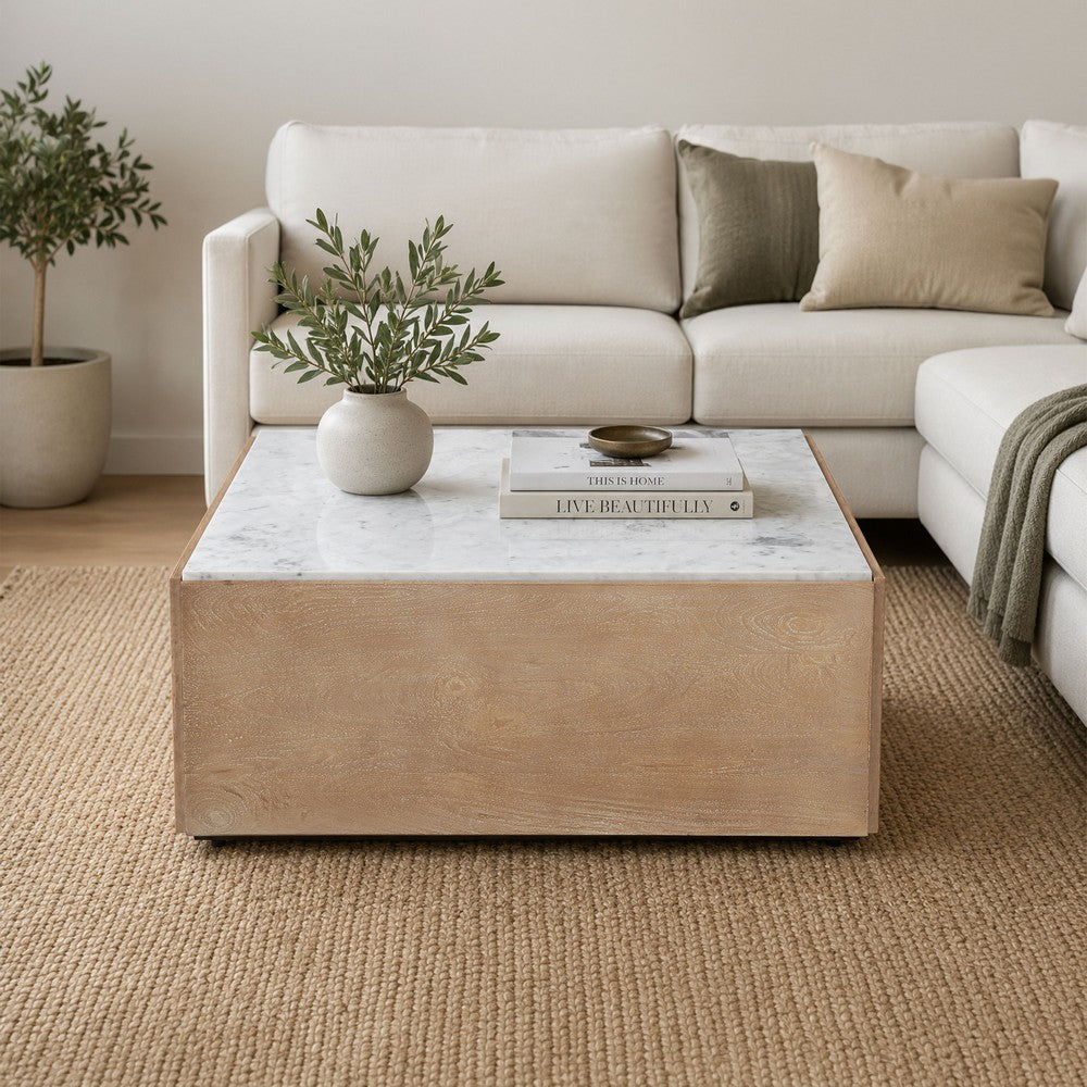 Joi 38 Inch Square Coffee Table, Natural White Marble Top, Solid Mango Wood Base, Sandblasted Light Brown By The  Urban Port