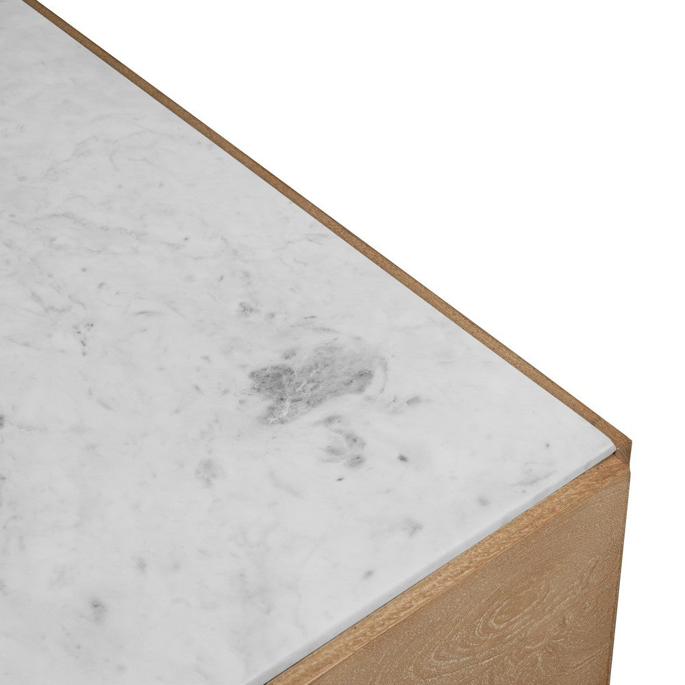 Joi 38" Square Coffee Table | Real White Marble Top | Solid Mango Wood Base | S&blasted Light Brown By The  Urban Port