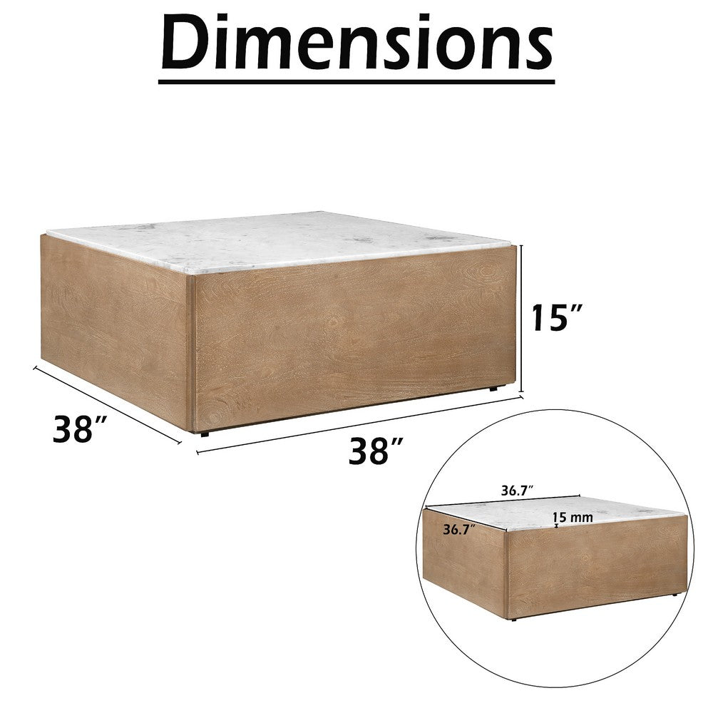 Joi 38" Square Coffee Table | Real White Marble Top | Solid Mango Wood Base | S&blasted Light Brown By The  Urban Port