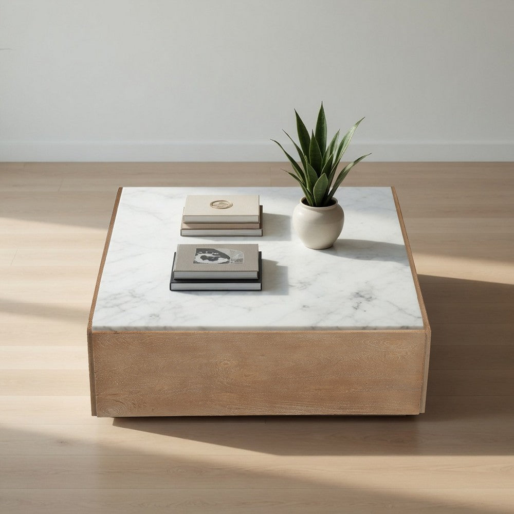 Joi 38" Square Coffee Table | Real White Marble Top | Solid Mango Wood Base | S&blasted Light Brown By The  Urban Port