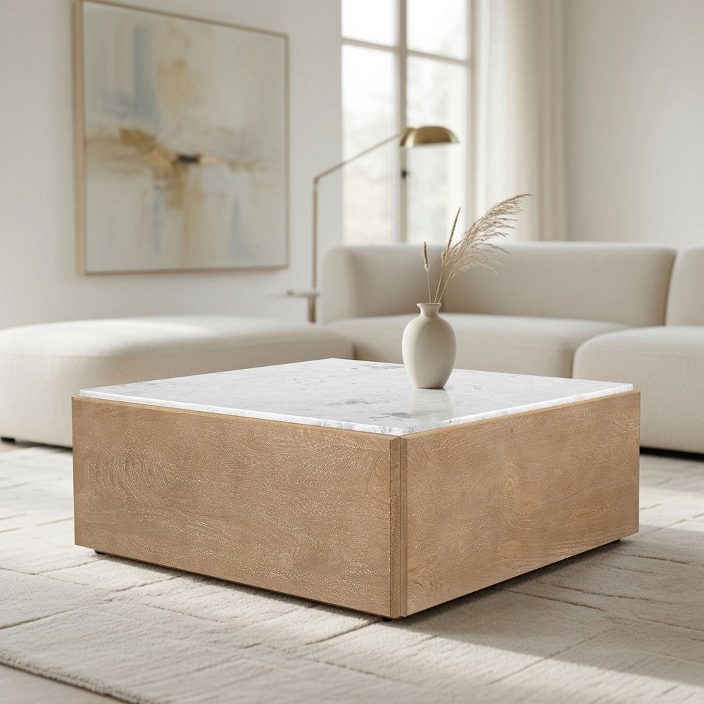 Joi 38 Inch Square Coffee Table, Natural White Marble Top, Solid Mango Wood Base, Sandblasted Light Brown By The  Urban Port