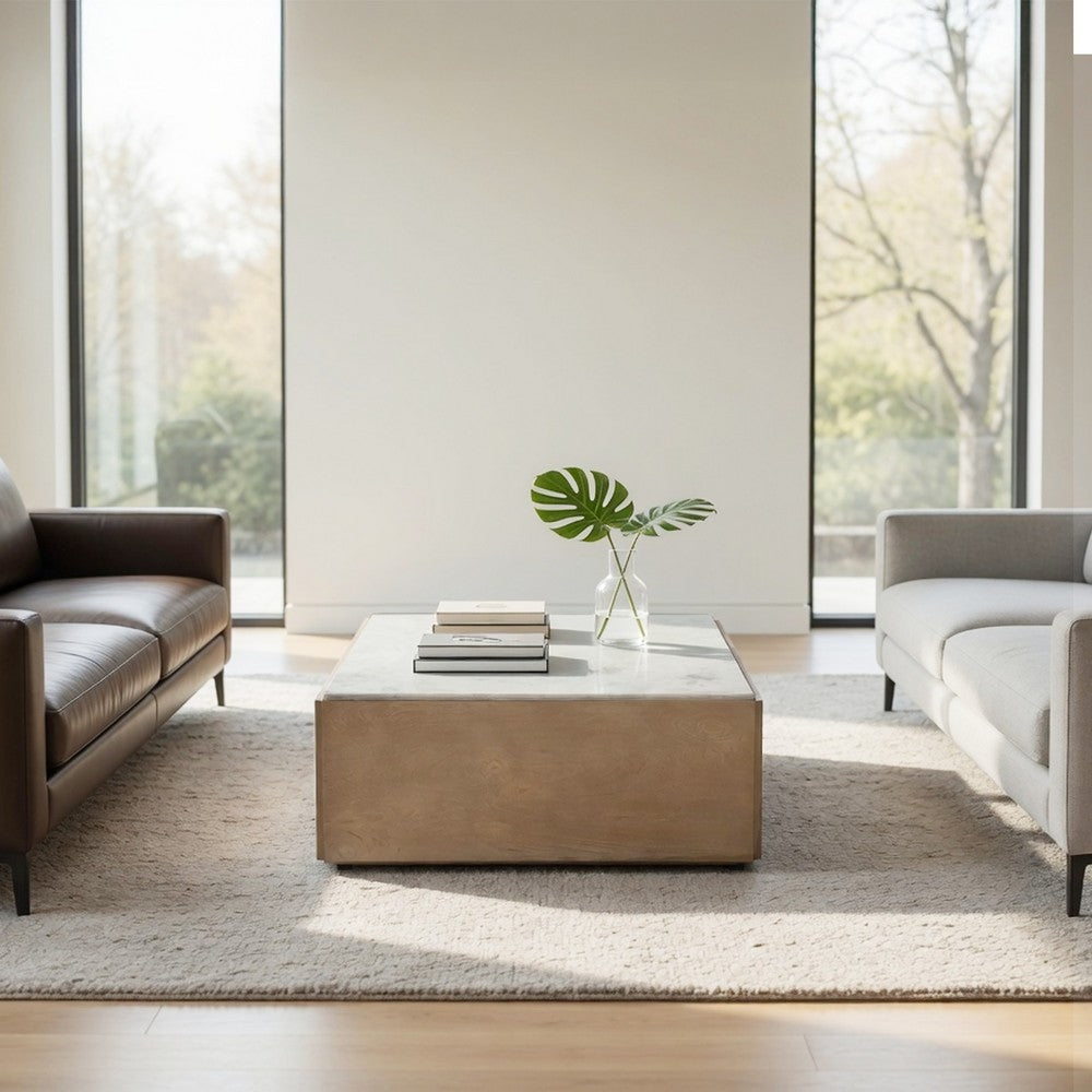 Joi 38" Square Coffee Table | Real White Marble Top | Solid Mango Wood Base | S&blasted Light Brown By The  Urban Port