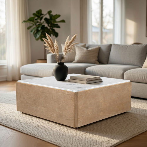 Joi 38 Inch Square Coffee Table, Natural White Marble Top, Solid Mango Wood Base, Sandblasted Light Brown By The  Urban Port